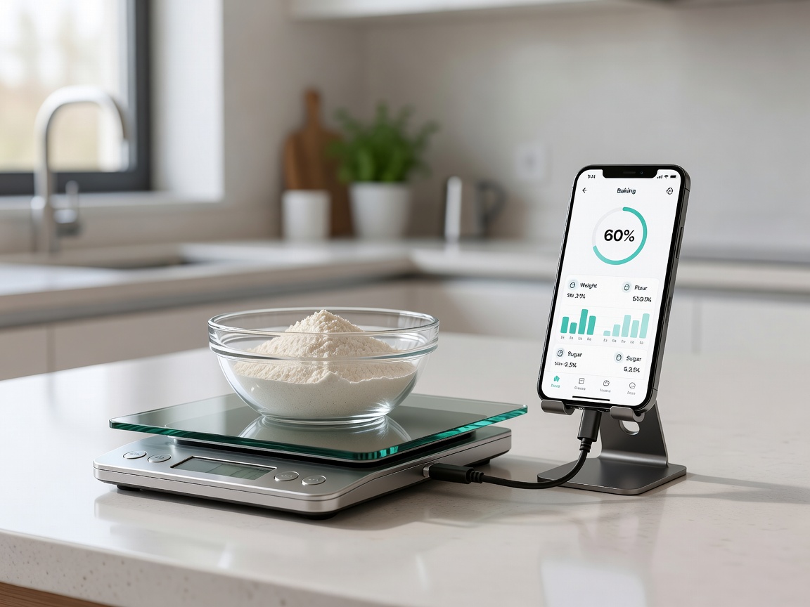 A digital kitchen scale connected to a smartphone displaying baking measurements