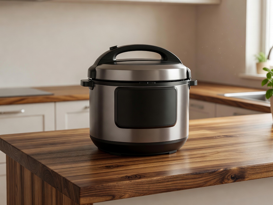 A digital multicooker sitting on a wooden kitchen counter
