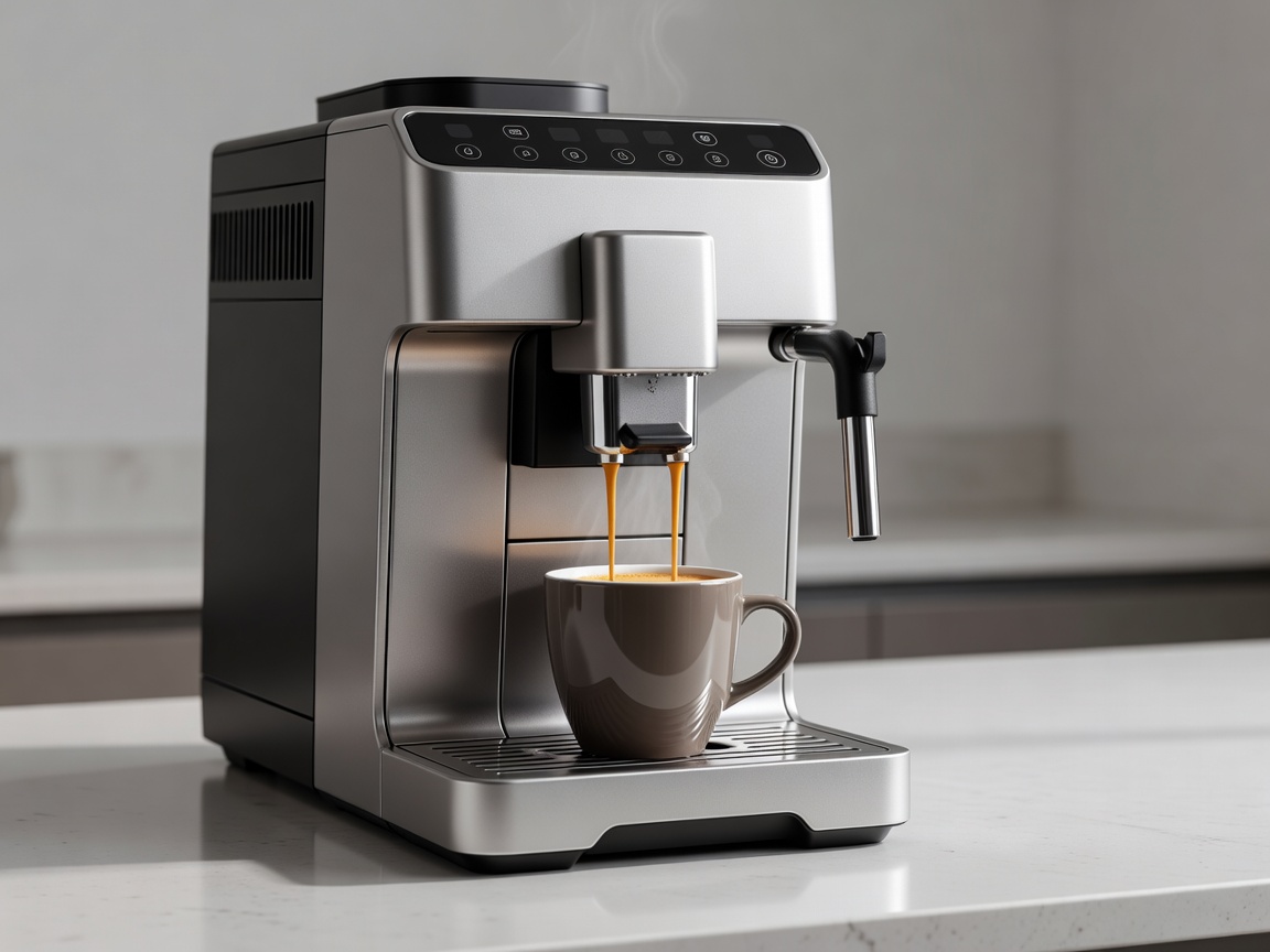 A high-end smart espresso machine brewing coffee into a cup