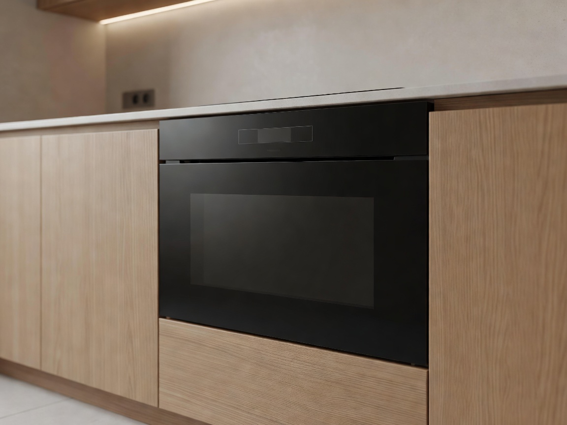 A sleek built-in smart oven installed in a modern kitchen cabinet