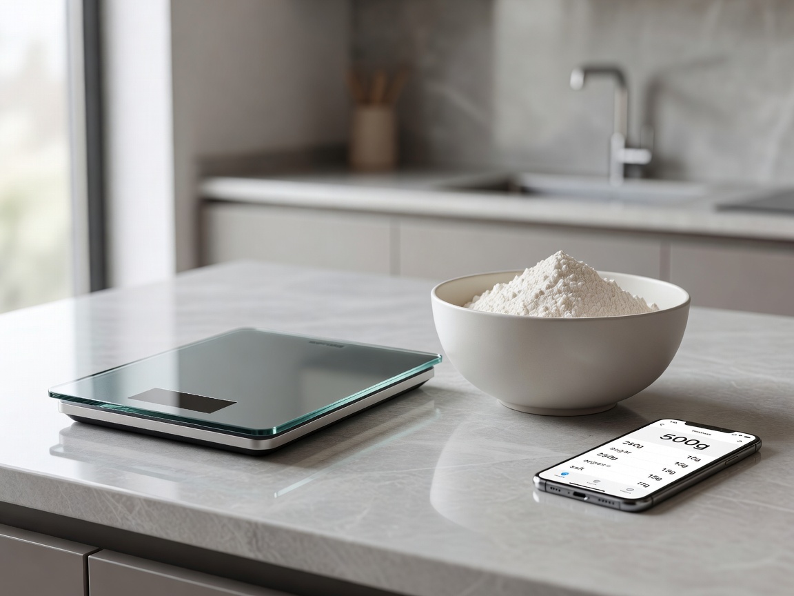 A smart kitchen scale with a bowl of flour next to a smartphone displaying recipe weights