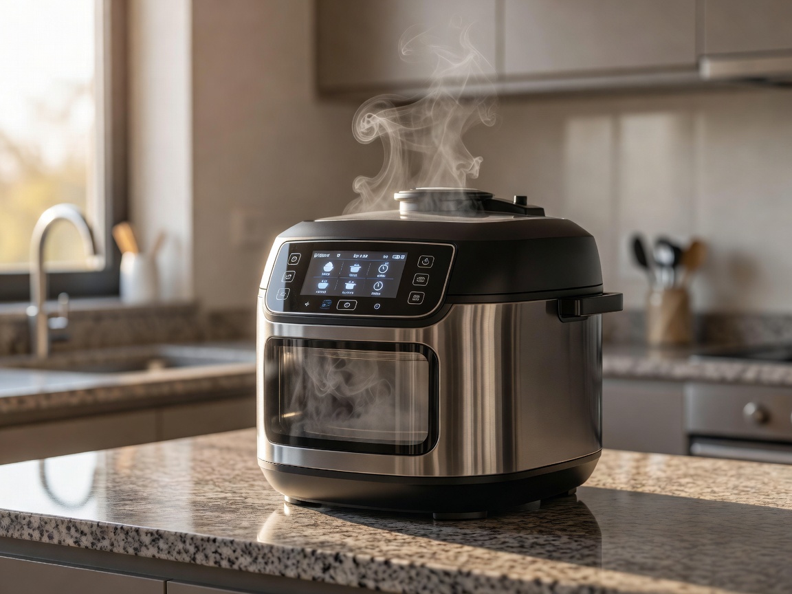 A smart multicooker with digital interface steaming on a kitchen counter