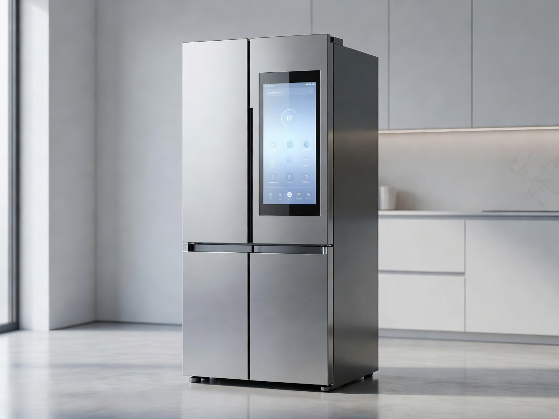 A smart refrigerator with a digital touch screen panel on the door