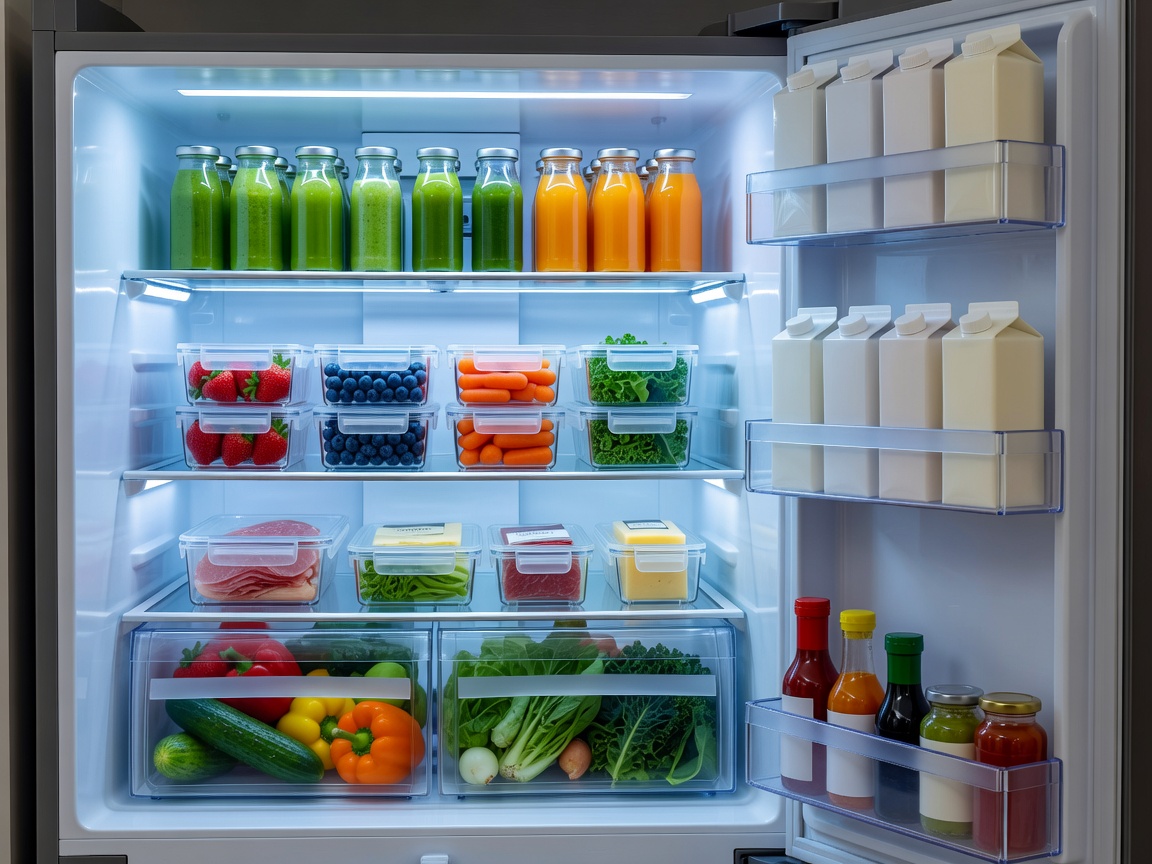 Inside view of a well-organized smart refrigerator with glowing LED lighting