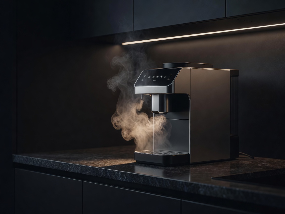 Steam rising from a modern smart coffee maker in a dimly lit kitchen